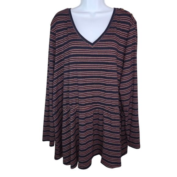 Lane Bryant Top 30/32 Metallic Stripe Long Sleeve V Neck Popover Casual Knit - Picture 1 of 7